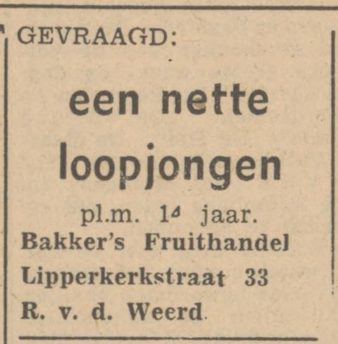 Lipperkerkstraat 33 Bakker's Fruithandel R. v.d. Weerd  advertentie Tubantia 17+3-1947.jpg