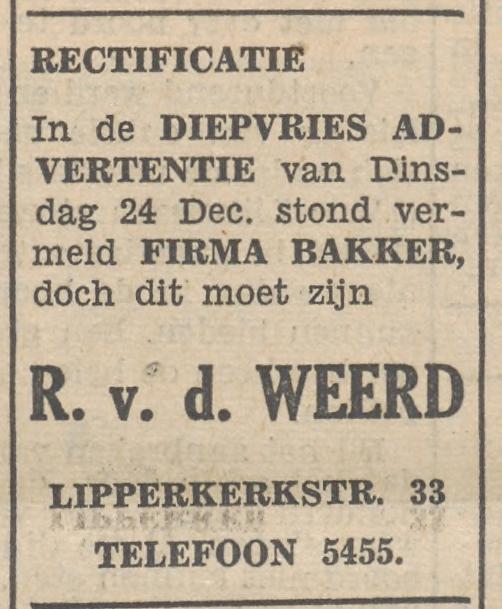 Lipperkerkstraat 33 winkel R. v.d. Weerd advertentie Tubantia 27-12-1952.jpg