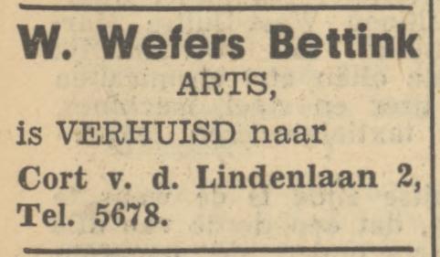 Cort van der Lindenlaan 2 W. Wefers Bettink Arts advertentie Tubantia 10-10-1949.jpg