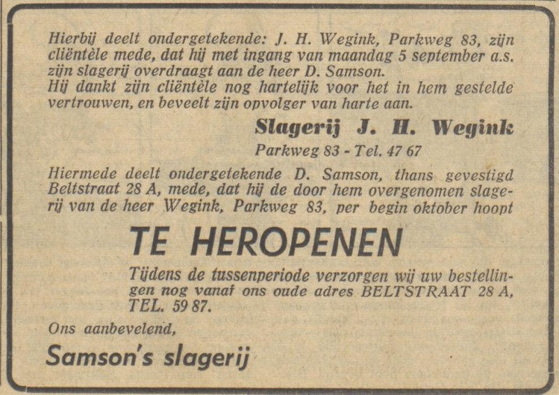 Parkweg 83 slagerij J.H. Wegink advertentie Tubantia 3-9-1960.jpg