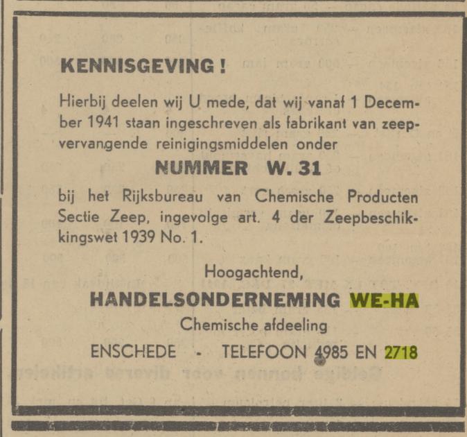 Cromhoffsbleekweg 103 Handelsonderneming We-Ha advertentie Tubantia 12-12-1941.jpg