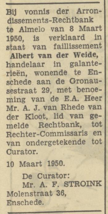Gronausestraat 29 Albert van der Weide handelaar in galanterieën advertentie Tubantia 10-3-1950.jpg