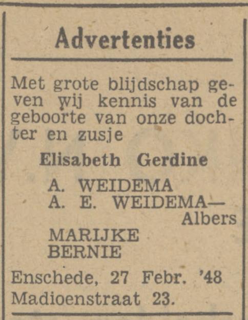 Madioenstraat 23 A. Weidema advertentie Tubantia 28-2-1948.jpg
