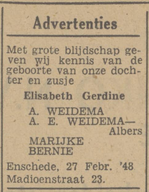 Madioenstraat 23 A. Weidema advertentie Tubantia 28-2-1948.jpg