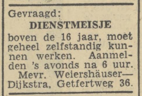Getfertweg 36 Mevr. Weiershäuser-Dijkstra advertentie Tubantia 20-4-1946.jpg