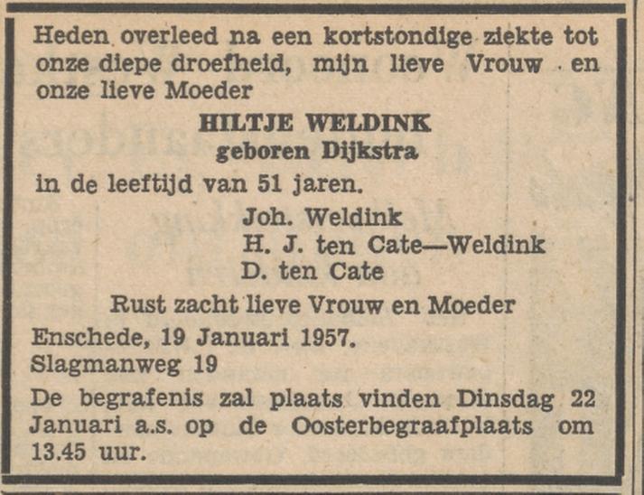 Slagmanweg 19 Joh. Weldink advertentie Tubantia 21-1-1957.jpg