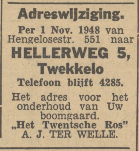 Hellerweg 5 Het Twentsche Ros A.J. ter Welle advertentie Tubantia 30-10-1948.jpg