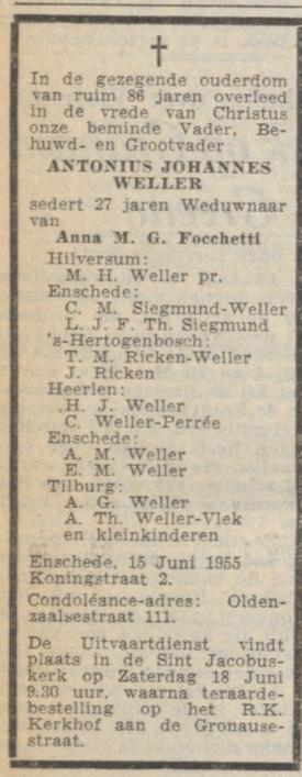 Koningstraat 2 A.J. Weller overlijdensadvertentiue De Volkskrant 16-6-1955.jpg