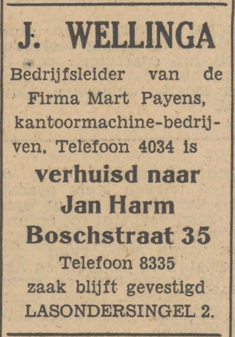 Lasondersingel 2 J. Wellinga bedrijfsleider Fa. Mart Payens advertentie Tubantia 24-3-1952.jpg