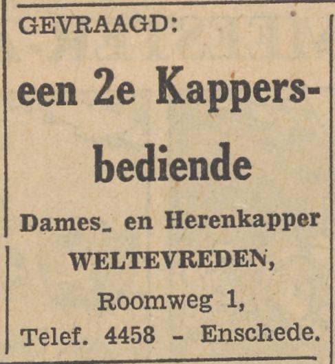 Roomweg 1 Dames- en Herenkapper Weltevreden  advertentie Tubantia 14-5-1954.jpg