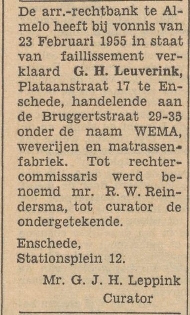 Bruggertstraat 29-35 G.H. Leuverink Wema weverij en matrassenfabriek advertentie Tubantia 25-5-1955.jpg