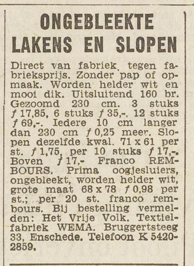 Bruggertsteeg 33 Textielfabriek Wema advertentie Het Vrije Volk 18-2-1953.jpg