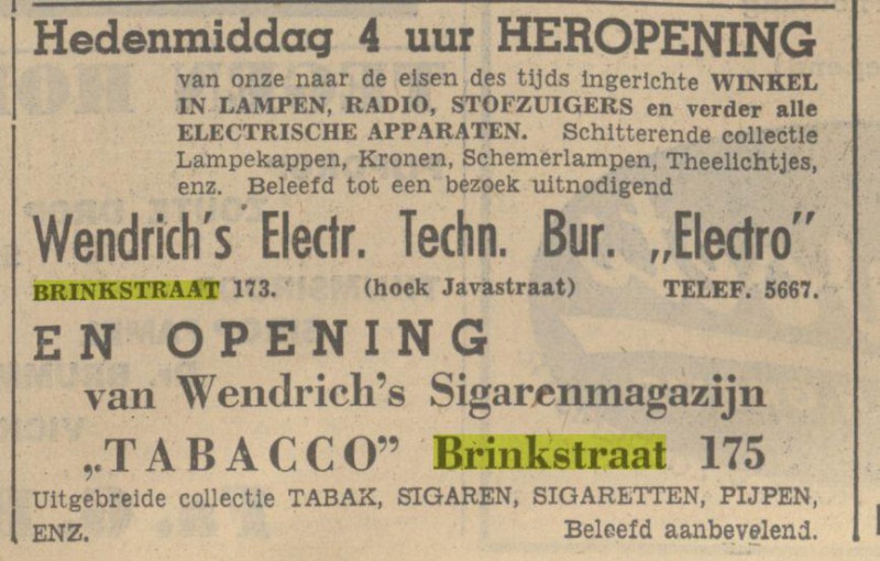 Brinkstraat 173 Wendrich electro Brinkstraat 175 Wendrich Sigarenmagazijn advertentie Tubantia 31-10-1936.jpg