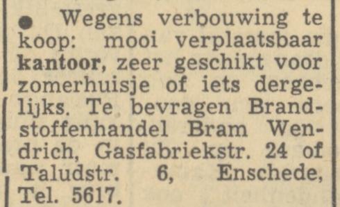 Gasfabriekstraat 24 Brandstoffenhandel Bram Wendrich advertentie Tubantia 1-6-1949.jpg