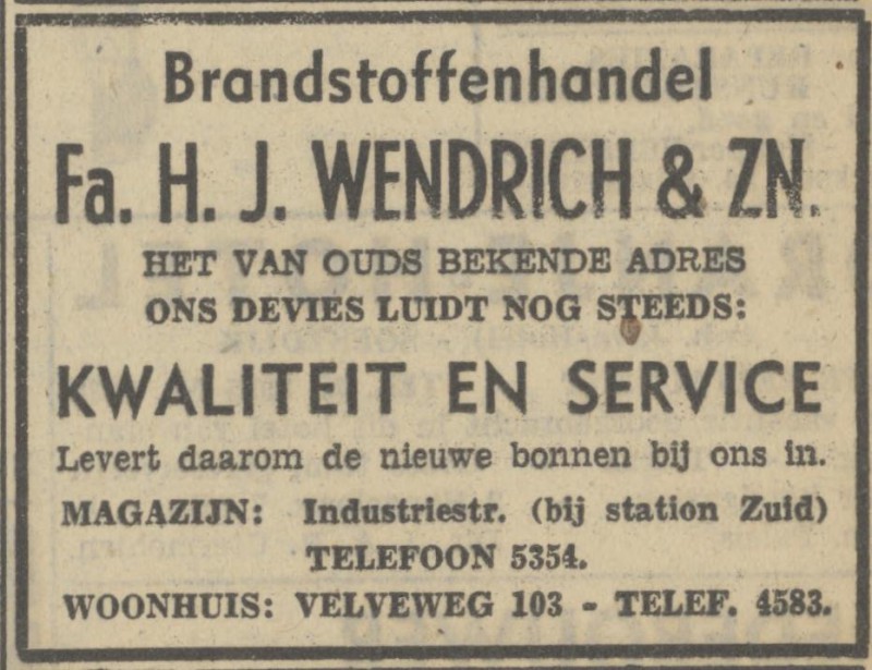Velveweg 103 Brandstoffenhandel Fa. H.J. Wendrich & Zn. advertentie Tubantia 20-3-1948.jpg