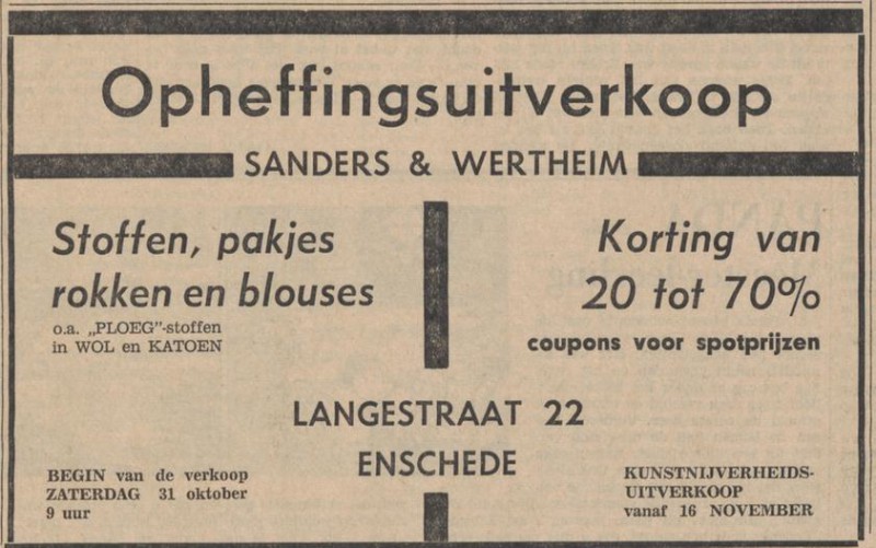 Langestraat 22 Sanders & Wertheim advertentie Tubantia 28-10-1964.jpg