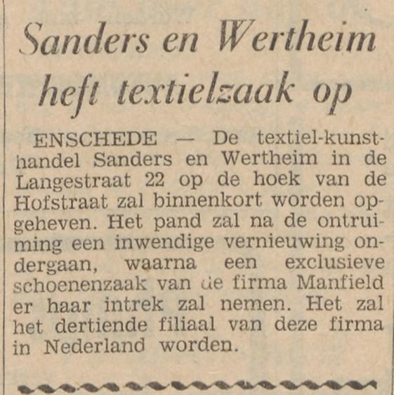 Langestraat 22 Textiel- en kunsthandel Sanders & Wertheim krantenbericht Tubantia 27-10-1964.jpg