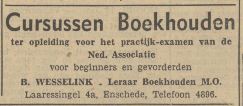 Laaressingel 4a B. Wesselink Leraar Boekhouden M.O. advertentie Tubantia 16-1-1951.jpg