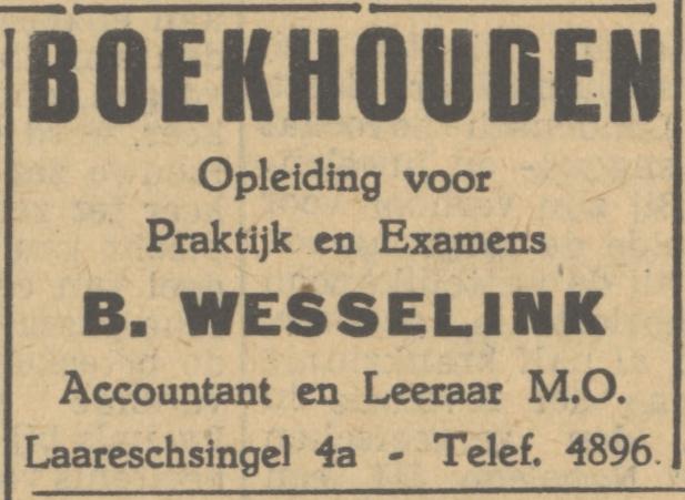Laaressingel 4a B. Wesselink Accountant en leraar M.O. advertentie Tubantia 28-9-1933.jpg