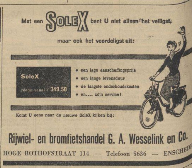 Hoge Bothofstraat 114 Rijwiel- en bromfietshandel G,A, Wesselink en Co. advertentie De Waarheid 15-4-1960.jpg