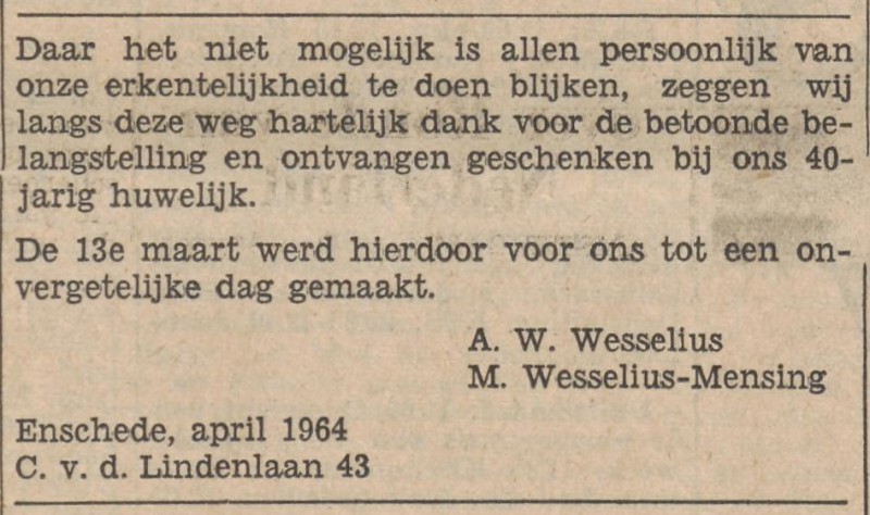 Cort van der Lindenlaan 43 A.W. Wesselius advertentie Tubantia 11-4-1964.jpg