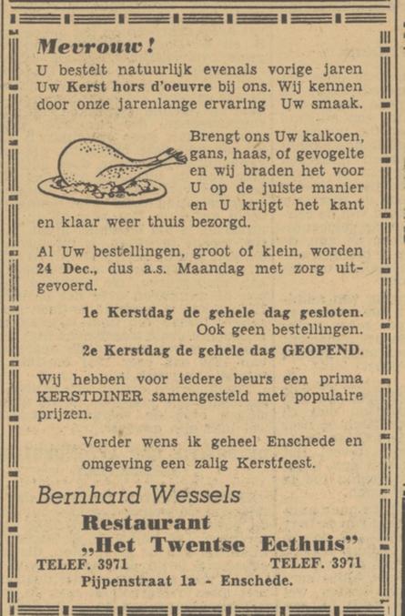 Pijpenstraat 1a Bernhard Wessels Restaurant Het Twentse Eethuis kerstadvertentie Tubantia 19-12-1951.jpg