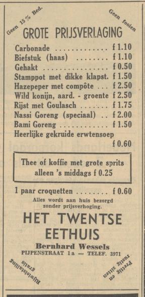 Pijpenstraat 1a Bernhard Wessels Restaurant Het Twentse Eethuis advertentie Tubantia 1-11-1951.jpg