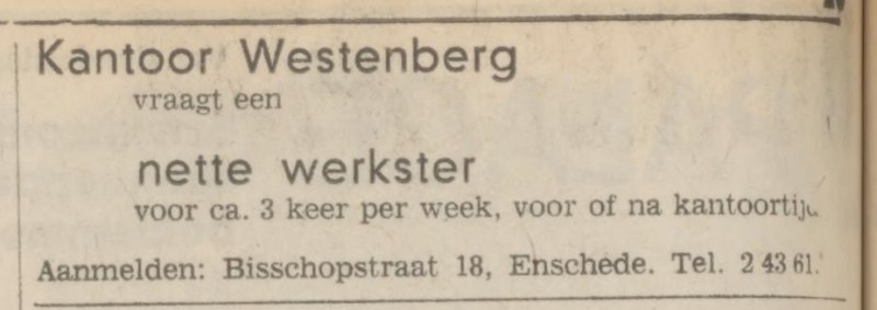 Bisschopstraat 18 kantoor Westenberg advertentie Tubantia 13-10-1971.jpg