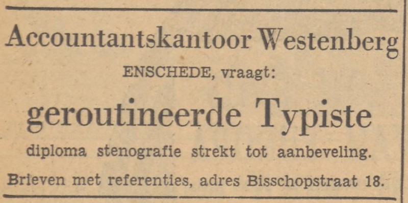 Bisschopstraat 17 Accountantskantoor Westenberg advertentie Tubantia 23-6-1952.jpg