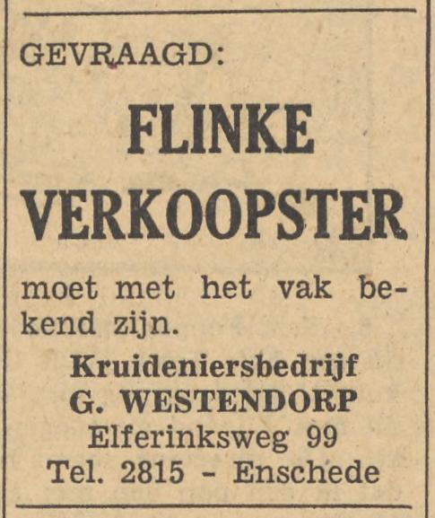 Elferinksweg 99 kruideniersbedrijf G. Westendorp advertentie Tubantia 11-9-1954.jpg