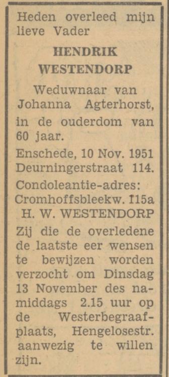 Deurningerstraat 114 H. Westendorp overlijdensadvertentie Tubantia 10-11-1951.jpg