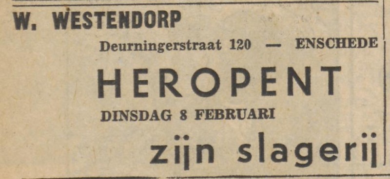 Deurningerstraat 120 slagerij W. Westendorp advertentie Tubantia 7-2-1955.jpg