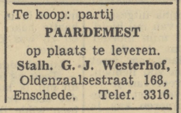 Oldenzaalsestraat 168 Stalhouderij Fa G.J. Westerhof advertentie Tubantia 21-7-1949.jpg