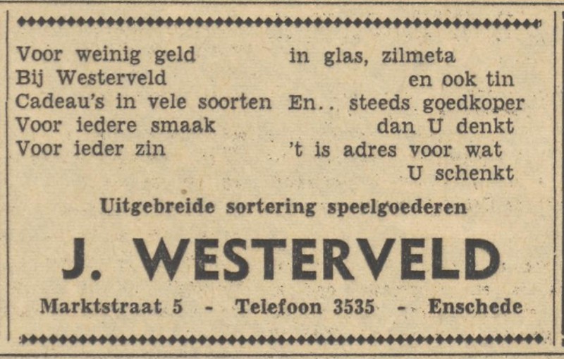 Marktstraat 5 J. Westerveld advertentie Tubantia 28-8-1954.jpg