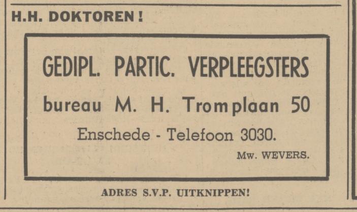 M.H. Tromplaan 50 Mevr. Wevers advertentie Tubantia 12-1-1940.jpg