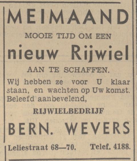 Leliestraat 68-70 Rijwielbedrijf Bern. Wevers advertentie Tubantia 12-5-1938.jpg
