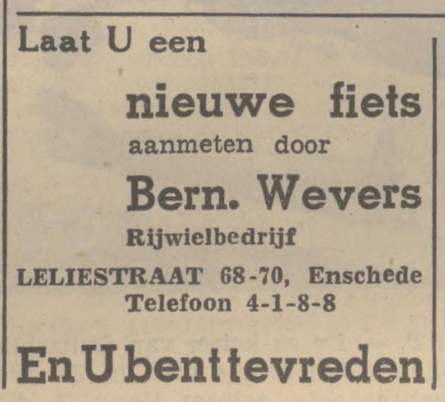 Leliestraat 68-70 Rijwielbedrijf Bern. Wevers advertentie Tubantia 28-4-1938.jpg