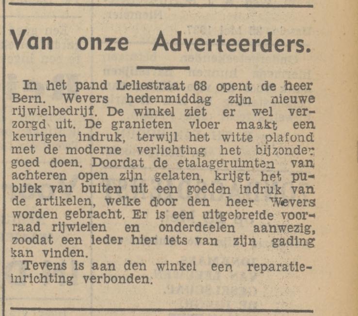Leliestraat 68-70 Rijwielbedrijf Bern. Wevers krantenbericht Tubantia22-5-1937.jpg