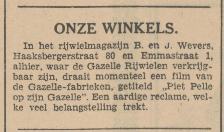Haaksbergerstraat 80 Rijwielmagazijn B. en J. Wevers krantenbericht Tubantia 31-3-1930.jpg