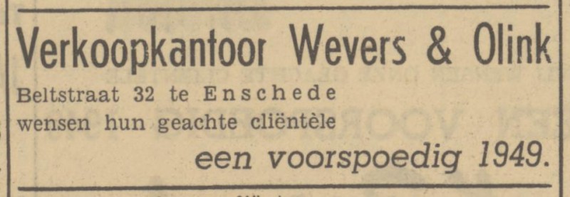 Beltstraat 32 Verkoopkantoor Wevers & Olink advertentie Tubantia 31-12-1948.jpg