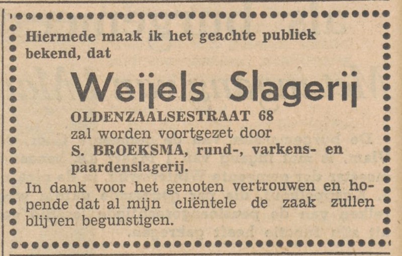 Oldenzaalsestraat 68 Weyel's slagerij overgenomen door slagerij S. Broeksma advertentie Tubantia 8-2-1955.jpg