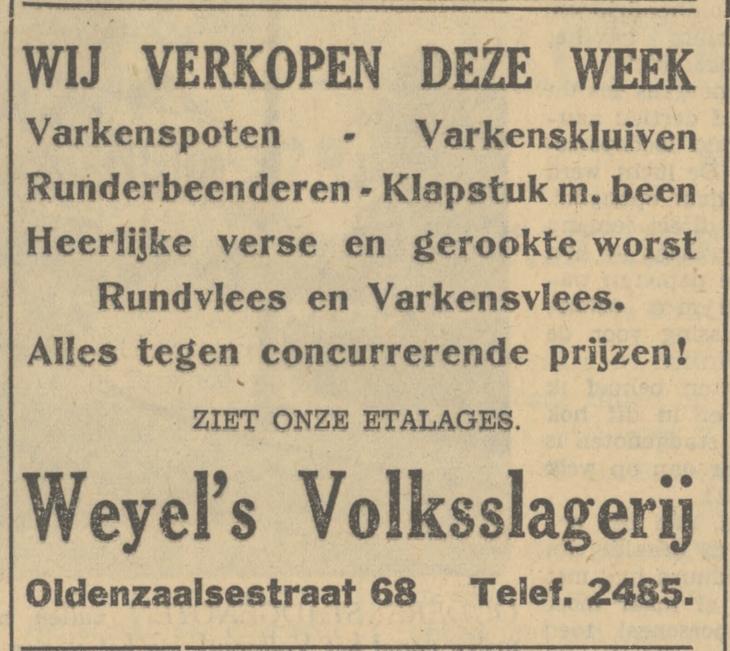 Oldenzaalsestraat 68 Weyel's Volksslagerij advertentie Tubantia 26-10-1950.jpg
