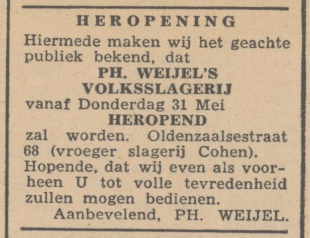Oldenzaalsestraat 68 Weyel's Volksslagerij advertentie Het Vrije Volk 30-5-1945.jpg