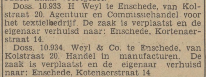 Kortenaerstraat 14 Weyl _ Co. Handel in manufacturen. krantenbericht Tubantia 28-12-1939.jpg