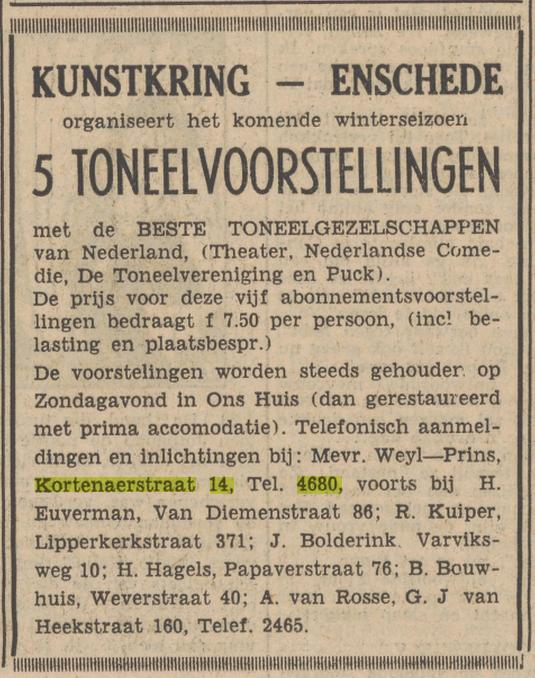 Kortenaerstraat 14 Mevr. Weyl-Prins advertentie Tubantia 27-6-1953.jpg