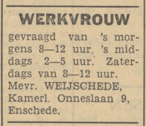 Kamerlingh Onneslaan 9 Mevr. Weijschede advertentie Tubantia 1-11-1950.jpg