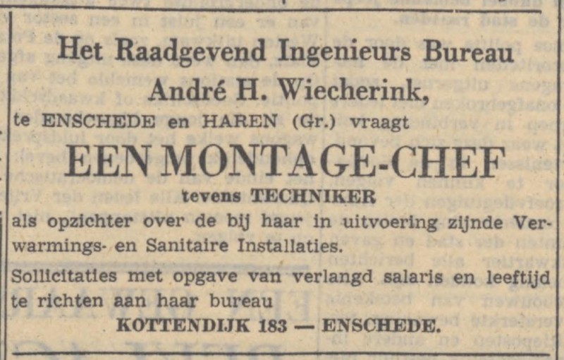 Kottendijk 183 Raadg. Ing. Bureau André H. Wiecherink advertentie De Volkskrant 30-5-1950.jpg