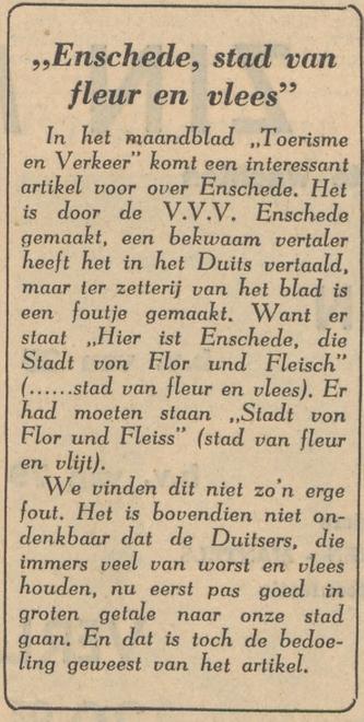 Enschede stad van fleur en vlees krantenbericht Tubantia 13-12-1957.jpg