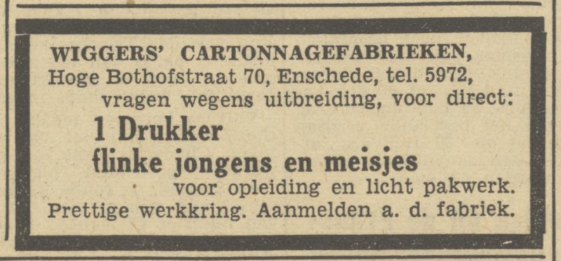 Hoge Bothofstraat 70 Wiggers Cartonnagefabrieken advertentie Tubantia 6-1-1950.jpg
