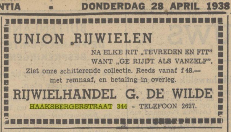 Haaksbergerstraat 344 rijwielhandel G, De Wilde UNION RIJWIELEN. Twentsch dagblad Tubantia en Enschedesche courant. Enschede, 28-04-1938.jpg